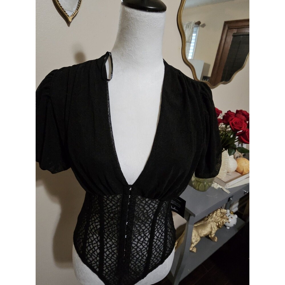 Lulus-Women's Mesh Puff Sleeve Bodysuit-Black/size Length: 21"​ Pit to pit 16 - Picture 11 of 15
